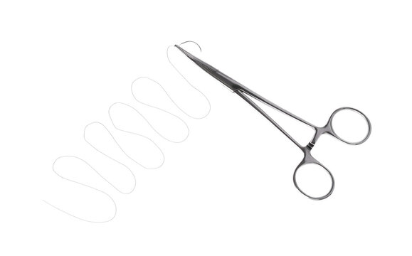 Forceps with suture thread on white background, top view. Medical equipment