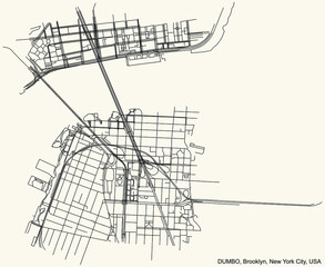 Black simple detailed street roads map on vintage beige background of the quarter DUMBO neighborhood of the Brooklyn borough of New York City, USA