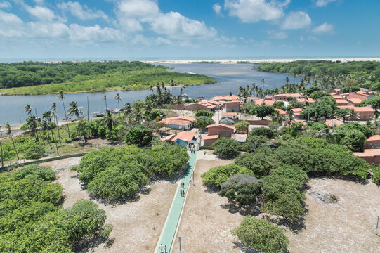 Aerial view of Atins, Brazil, in the region of Maranhao. Blue sky and white clodus in the background