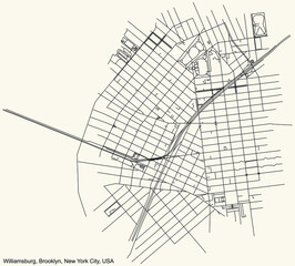 Black simple detailed street roads map on vintage beige background of the quarter Williamsburg neighborhood of the Brooklyn borough of New York City, USA