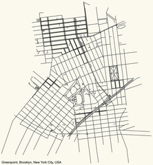 Black simple detailed street roads map on vintage beige background of the quarter Greenpoint neighborhood of the Brooklyn borough of New York City, USA