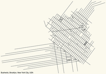 Black simple detailed street roads map on vintage beige background of the quarter Bushwick neighborhood of the Brooklyn borough of New York City, USA