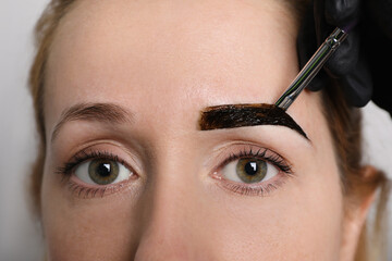 Beautician applying tint during eyebrows correction procedure on light grey background, closeup