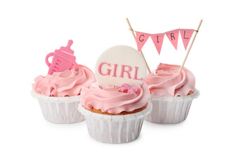 Baby shower cupcakes with pink cream and toppers on white background