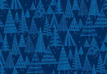 Hand drawn blue xmas tree seamless pattern - 427377743