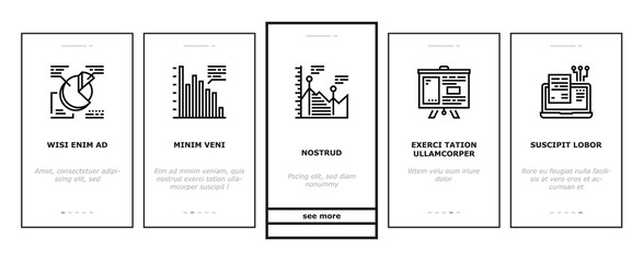 Analyze Infographic Onboarding Mobile App Page Screen Vector. Analyze And Research Market Diagram, Binary Code And Report On Computer Display Illustrations