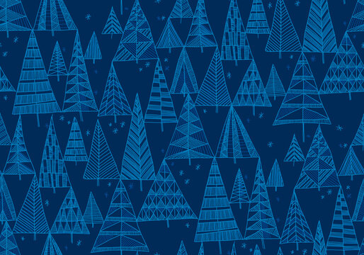 Hand drawn blue xmas tree seamless pattern