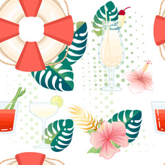 Seamless pattern exotic cocktails in transparent glass with tropical flowers vector illustration on white background