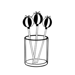 Black Vector illustration of a group of poppy fruit with seeds in the transparent glass isolated on a white background