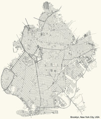 Black simple detailed street roads map on vintage beige background of the quarter Brooklyn borough of New York City, USA