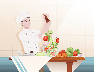 Chef cooking behind kitchen table with glass bowl and ingredients preparing salad cartoon character design vector illustration on ceramic tile background