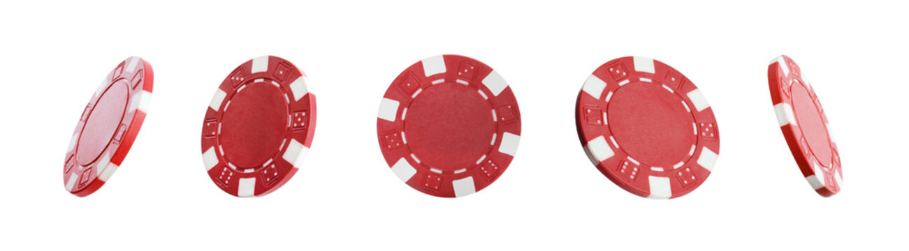 Set with red casino chips on white background. Banner design