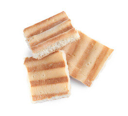 Delicious pita chips on white background, top view