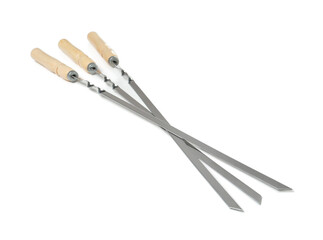 Metal skewers with wooden handle on white background