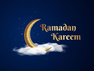 Naklejka na ściany i meble Ramadan Kareem background with golden ornate crescent and clouds vector illustration
