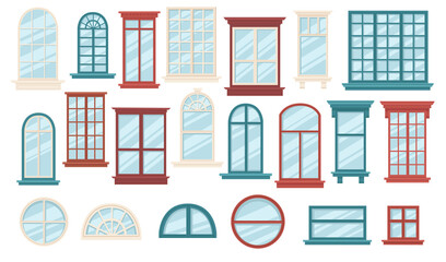 Set of various wooden windows collection windows with different shapes rectangle and oval vector illustration on white background