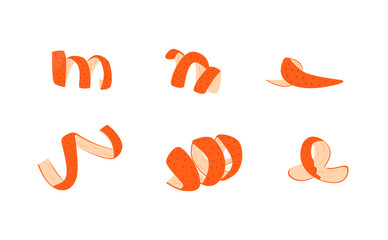 Obraz premium Set of orange fruit peel. Collection of tangerine zest for cocktails. Collection of Ribbon cut citrus peel. Mandarin, lemon, grapefruit or kumquat skin. Vector illustration on white background.