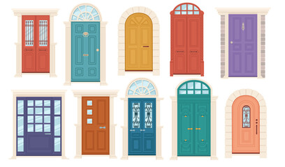 Set of different wooden doors with and without glass vector illustration on white background