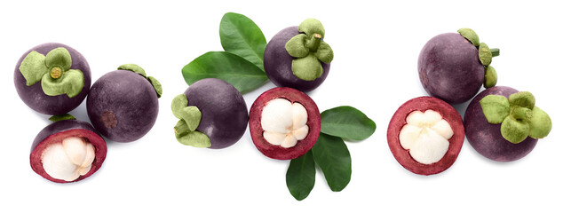 Set with delicious mangosteen fruits on white background, top view. Banner design
