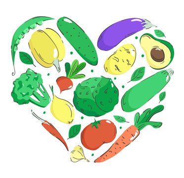 Bright healthy vegetables in the shape of a heart. Composition on the theme of vegetarianism with the image of different seasonal vegetables. Vector illustration