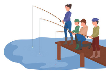 Active happy family on a fishing trip. On summer weekends, parents and children spend their free time in nature. The father teaches his sons to fish.
