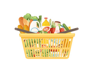 Yellow plastic shopping basket with fresh healthy grocery products snacks sausage and soda vector illustration isolated on white background