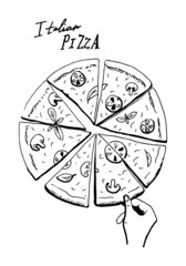 Hand drawn vector illustration – sliced Italian pizza. Black and white linear sketch