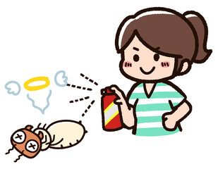 殺虫剤を使う女性　シロアリ