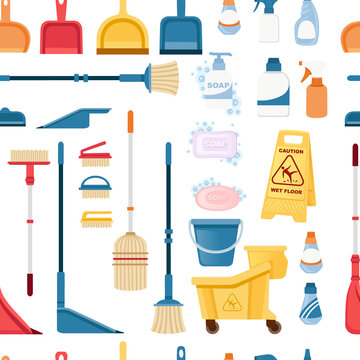 Seamless pattern of items for cleaning and cleaning floors disinfecting objects vector illustration on white background