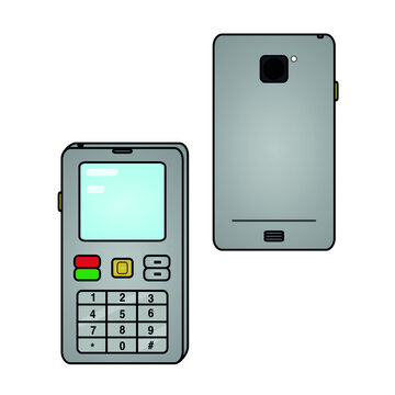 The old-style push-button phone from the front and back sides. Device has a camera, screen and buttons. Vector art.