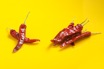 Dry Red chilli on yellow background.