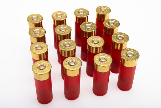 12-gauge shotgun bullet shells on white background