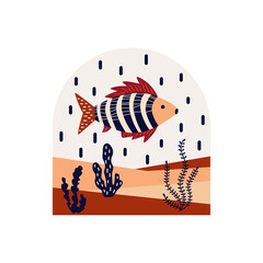 Vector illustration. Abstract composition in the arch. Ornamental fish against the background of an underwater landscape and algae. Terracotta color. Poster, postcard, poster for the interior.