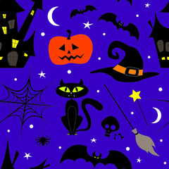 Halloween set collection elements on violet background for greetings. Spider, bats, cat, wizard hat, moon, castle, cemetery, pumpkin seamless pattern. Vector illustration.