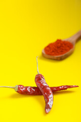 Chilli powder in wooden spoon with dry red chilly on yellow background.