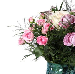 Beautiful bouquet with roses on white background, closeup. Space for text