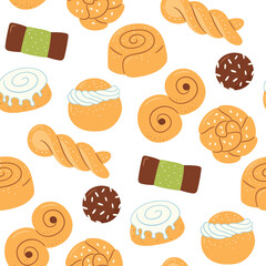 Seamless pattern with traditional swedish sweets. Kanelbulle bun, cinnamon roll, Semla, lussekatt, dammsugare and chokladboll. Hand drawn vector illustration on white background