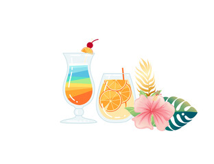 Two exotic cocktails in transparent glass with tropical flowers vector illustration on white background