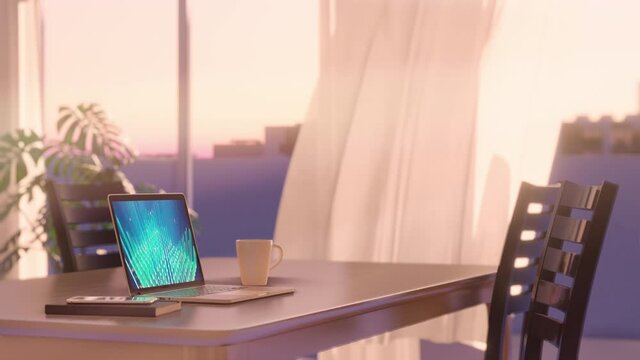 夕方の光が差し込むリビングルームと風に揺れるカーテン・テーブルに置かれたノートPC / リモートワーク・在宅勤務のコンセプトイメージ / ループ再生可能な3Dモーショングラフィックス