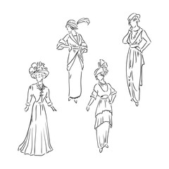 Antique dressed lady. Old fashion vector illustration. Victorian woman in historical dress. Vintage stylized drawing, retro woodcut style