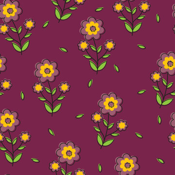 Cute seamless pattern with cartoon flowers and leaves for fabric print, textile, gift wrapping paper. colorful vector for kids, flat style