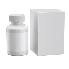 White platic bottle, box mockup . Medication template. Pills bottle with blank label