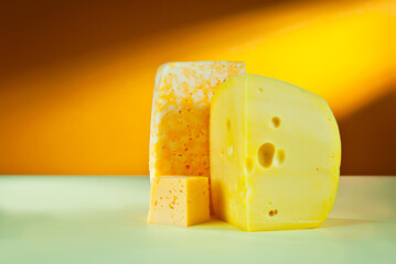 Yellow piece of cheese on an orange background. Different types of cheese in a pile. Copy space and free space for text near the cheese.