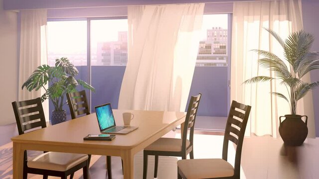 夕方の光が差し込むリビングルームと風に揺れるカーテン・テーブルに置かれたノートPC / リモートワーク・在宅勤務のコンセプトイメージ / ループ再生可能な3Dモーショングラフィックス