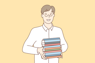 Man holding a pile of books while holding a yellow background. Hand drawn style vector design illustrations.