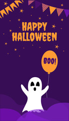 Halloween card with Happy Halloween! Greeting card or invitation with ghost image, red balloon, stars, holiday flags