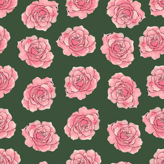 Seamless watercolor pattern with red roses on dark green background. Handmade elegant vintage design perfect for textile, fabric, wrapping paper, summer decorations. Watercolor and colored pencils