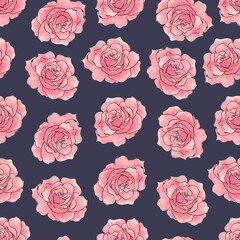 Seamless watercolor pattern with red roses on dark blue background. Handmade elegant vintage design perfect for textile, fabric, wrapping paper, summer decorations. Mixed media, watercolor and pencils