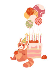 Cute red panda in a cone-cap sitting with birthday cake birthday animal concept cartoon animal design vector illustration on white background