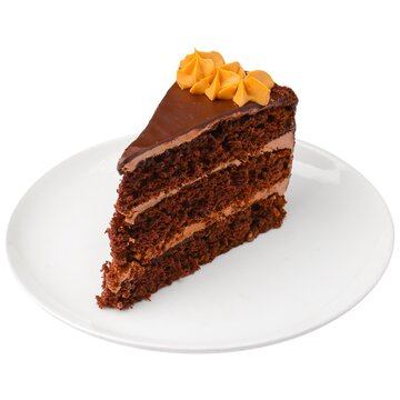 One piece of chocolate cake isolated on white. Sweet dessert for tea or coffee time isolate